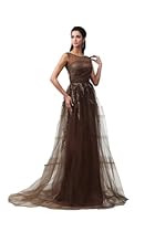 Hot Sale Winey Bridal Tulle Coffee Long Beads Appliques Evening Dresses (12)