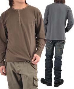 メンズ ステッチ入り ヘンリーネック ロンＴ / 長袖 Ｔシャツ ■M/L/LL■