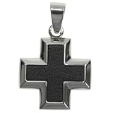 316L Stainless Steel Pendant Stainless Steel with cross design and combination of shiny polish and genuine black leather.Width of Charm: 23mm Height of Charm: 53mm