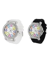 (1) White (1) Black Multicolor Numbers w/ Sparkling Crystal Rhinestones Colorful Watch w/ Silicone Jelly Band