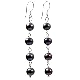 Black Freshwater Pearl Earrings (With Eight 7.5mm Pearls) Sterling Silver Earwires (Silver Gift Box)