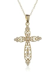 Goldtone Finish Silver Filigree Cubic Zirconia Cross Pendant Necklace, 18"