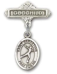 Sterling Silver Baby Badge with St. Sebastian/Figure Skating Charm and Godchild Badge Pin