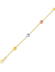 7" 14K Yellow Gold 1.8mm (0.07") Cable Chain Link w/ Alternate Yellow, White & Rose Gold Textured Tube Pebble Bracelet w/ Pear Shape Clasp