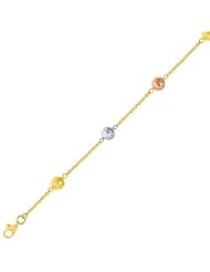 14K Yellow Gold 07" 1.8mm Cable Chain Link With Alternate Yellow White And Rose Gold Textured Tube Pebble Bracelet With Pear Shape Clasp