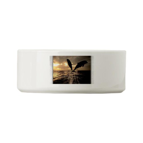 Dog Cat Food Water Bowl Dolphins Flying in Sunset