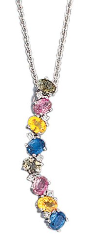 14K White Gold Journey Shaped Designer Pendant, Enhanced with Bezel Set Diamonds and Precious Color Stones, Sliding on a 16 Cable-Chain Necklace.(GH-Color, SI-Clarity; c.t.t.w 0.05CT, Precious Stones 1.75CT)