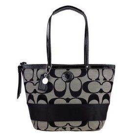 Coach Signature SP Stripe Patent Leather Tote Bag Silver Black