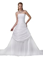 Strapless Beaded Ruched Taffeta Spring Fall Winter Wedding Dress  with a Chapel Train 