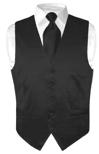 Best Biagio Men's Solid Black BAMBOO SILK Dress Vest NeckTie Set for Suit or Tuxedo