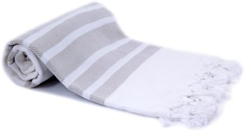 Herringbone Cotton Towel Pestemal with Stone Color Stripes on White . Cotton Turkish Towel . Hammam Pestemal
