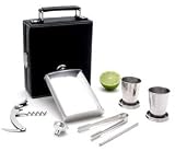 Black Leather 7 Piece "Mini Bar on the Go" with Flask, Tongs, Two Cups and More!