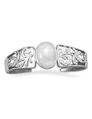 Opalescent Rainbow Moonstone Filigree Silver Cuff Bracelet Sterling Silver 925