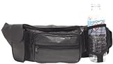 Genuine Leather Black Fanny Pack Waist Bag with Drink Holder & Cell Phone Pouch
