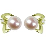 Natural White 5.5-6mm Aster 14k Gold Diamond Cultured Pearl Stud Earrings (Yellow Gold) - Dahlia Classic Collection