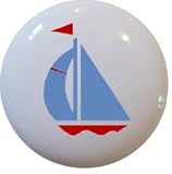 Light Blue & Red Sailbaot Ceramic Cabinet Drawer Pull Knob
