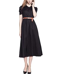 Short Sleeves Belted Bubble Dress Tea Length Cotton/Spandex  Dress
