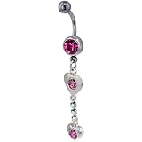 Pink Crystal Two Hearts Dangle Belly Ring