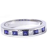 .50CT CHANNEL SET PRINCESS CUT REAL DIAMOND & BLUE SAPPHIRE RING 14K WHITE GOLD