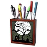 Renderly Yours Autumn And Halloween - Toon Spooky Tree Jack O Lanterns And Bats With Moon - Tile Pen Holders-5 inch tile pen holder
