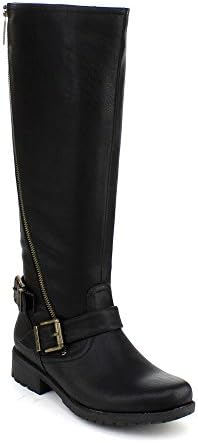 DBDK JUNNIA-1 Women Buckle Side Zipper Round Toe Combact Riding Knee High Boot, Color:BLACK, Size:9