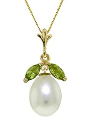 14k Solid Gold Necklace with Natural Peridots and Pearl