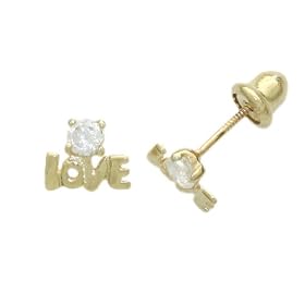 14K Gold Stud Earring White CZ Love Yellow Gold Earring With Screw Back For Kids & Teens