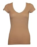Ladies Khaki Beige Plain T-Shirt Round V-Neck Cap Sleeves, Cotton Spandex