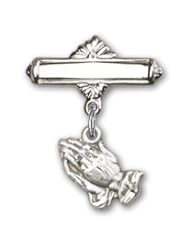 Sterling Silver Baby Badge with Praying Hands Charm and Polished Badge Pin