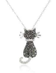 XPY 14k White Gold Black and White Diamond Cat Pendant (.29 cttw)