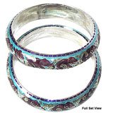 Sterling Silver Bangle Bracelet Pair with Enamelled Painting Handcrafted 65 gms. 2.6  (esbn062)