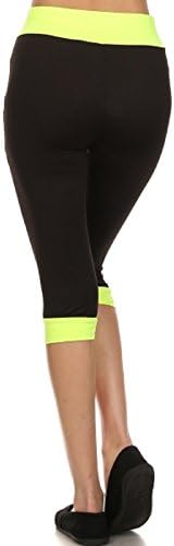 Active Wear Neon Lined 2 Pocket Capri Cut Work Out Yoga Leggings w/ Drawstring (Medium/Large, Neon Yellow)