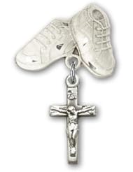 Sterling Silver Baby Badge with Crucifix Charm and Baby Boots Pin