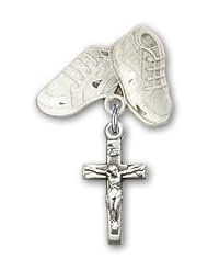 Sterling Silver Baby Badge with Crucifix Charm and Baby Boots Pin