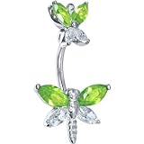 Sterling Silver 925 Peridot Green Cubic Zirconia Butterfly Dragonfly Belly Ring