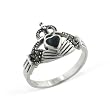 Black Onyx and Marcasite Celtic Claddagh Sterling Silver Ring (Size 4,5,6,7,8,9,10)