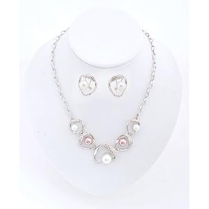 Pearl Decorated Open Hearts Necklace and Earring Set in Fancy Gift Box with Free Shipping