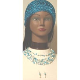Four Strand Ivory Pearls and Turquoise Blue Beads Short Chain Necklace with and Earrings Offered in...