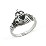 Black Onyx and Marcasite Celtic Claddagh Sterling Silver Ring(Sizes 4,5,6,7,8,9,10)