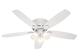 Hunter 23909 Low Profile IV Plus 52-Inch 5-Blade 3-Ligfht Ceiling Fan, White with Bleached Oak/White Blades and Frosted Glass Shades