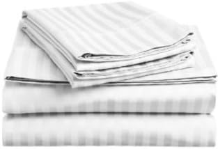Luxurious 400 Thread Count 100% Cotton 4 Piece Sateen Stripe Bed Sheet. Queen-White