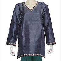 Purple Silk Kurti Clothing of India Casual Summer Dresses Embroidery Size L
