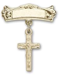 Gold Filled Baby Badge with Crucifix Charm and Arched Polished Badge Pin