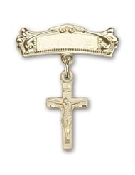 Gold Filled Baby Badge with Crucifix Charm and Arched Polished Badge Pin