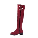 VogueZone009 Women's Round Toe Split Joint Metal Ornament Square Heels Frosting Knee Boots with Zipper, Red, 8 B(M) US