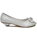 Silver White Kitten Heel Bow Peep-Toe Striped Sandals Shoes