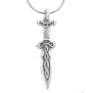 Medieval Three Dimensional Celtic Dagger or Sword Pendant in Sterling Silver on 24" Rhodium and Silver Snake Chain, #7929