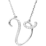 Sterling Silver Alphabet Initial Letter V Diamond Pendant Necklace, 17