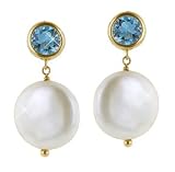 14K Gold White Coin Pearl with Blue Topaz Earrings