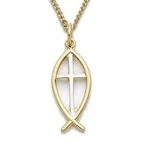 7/8 24K Gold Over Sterling Silver 2-Tone Fish and Cross Necklace on 18 Chain